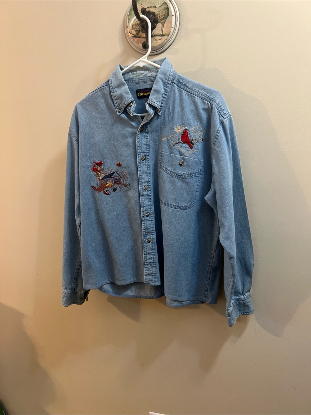 Vintage Peregrine Light Denim Button-Down Shirt with Cardinal Embroidery Sz M